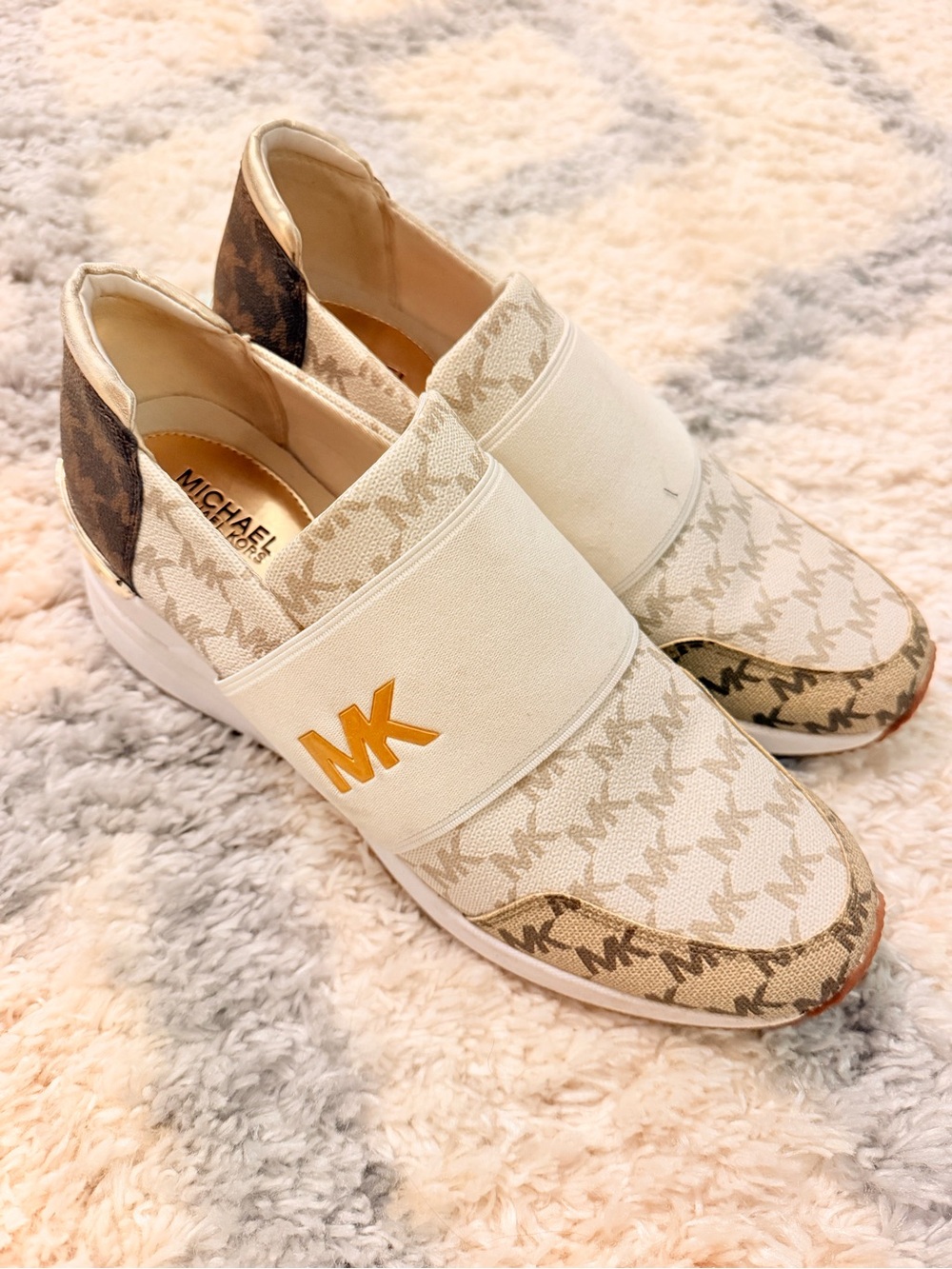 Michael Kors Cream and Brown MK Monogram Slip-On Sneakers